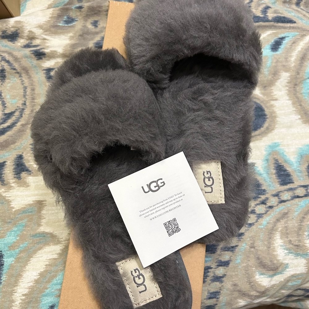 UGG Fluff Slide Slippers in Charcoal Gray